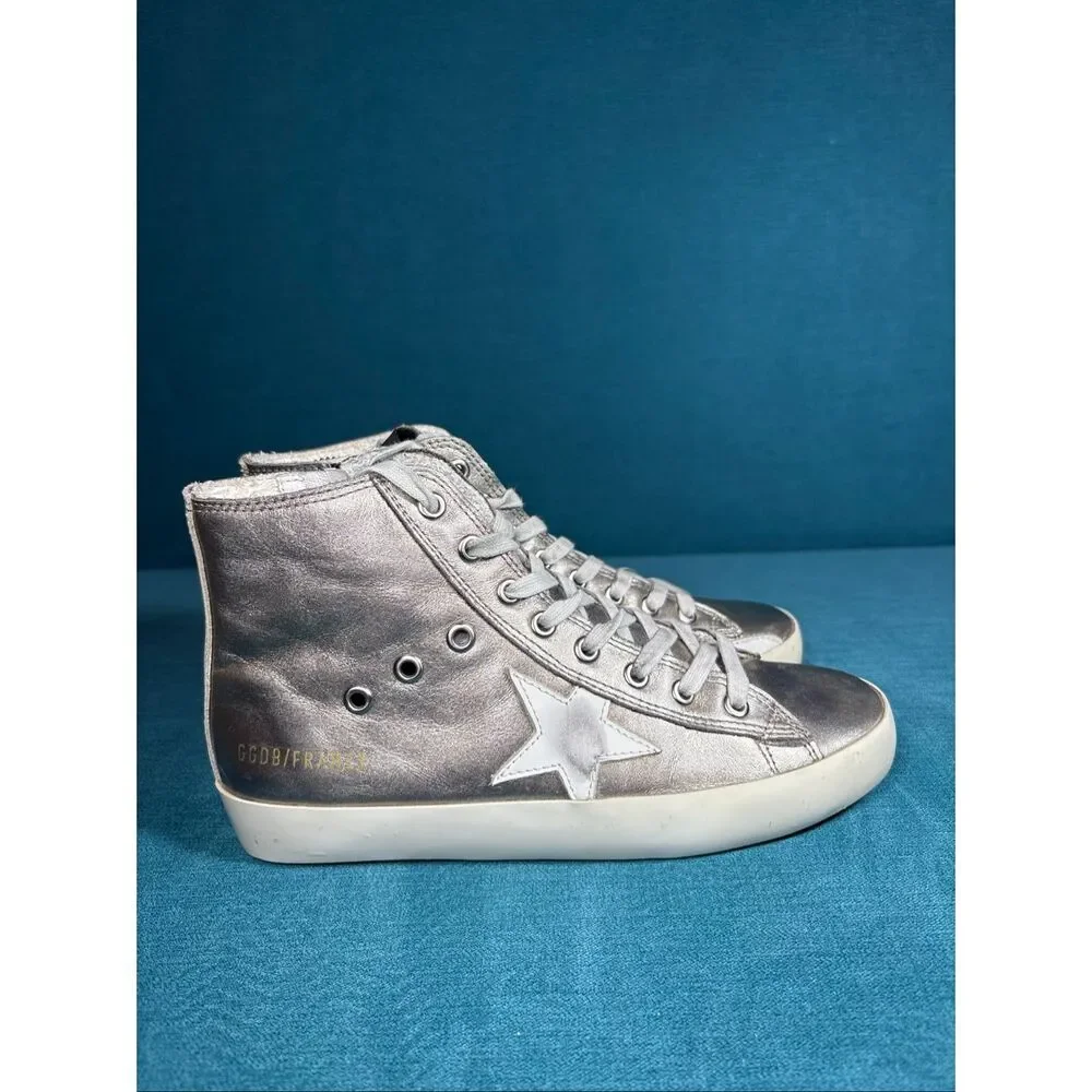 Golden Goose Francy Metallic Silver High Top Sneakers Womens Size 38 EU 8 US